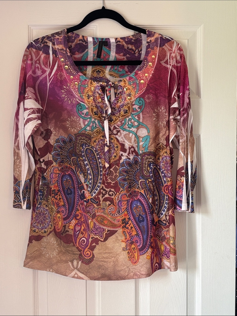 Susan Lawrence Purple and Tan Paisley Tie-Neck Long Sleeve Top